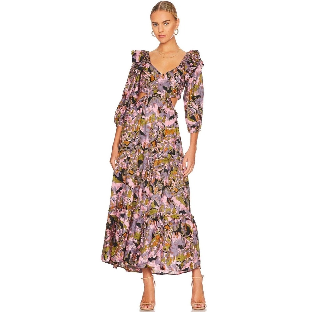 Cleobella Maxi Dress S Tapestry Floral Cut Out Tiered Boho Festival Romantic